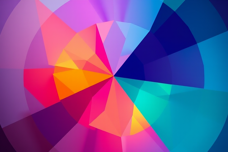 Create a high-resolution abstract design featuring a vibrant color palette with geometric shapes, using a Canon EOS R5 camera with a 50mm lens, f/1.8 aperture, ISO 100, at a 1/125 second shutter speed, in an overhead view with a soft, diffused light for enhanced clarity and depth.