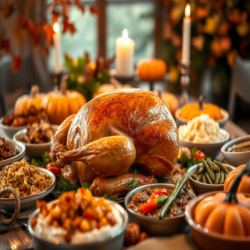 Thanksgiving feast with a beautifully roasted turkey surrounded by colorful sides like stuffing, mashed potatoes, green beans, cranberry sauce, and pumpkin pies, captured in a warm, cozy setting with autumn leaves, soft candlelight, shallow depth of field, 50mm lens, f/1.8 aperture, ISO 200, natural lighting, close-up view.