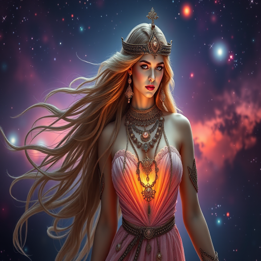 A cosmic goddess with long flowing hair, intricate jewelry, and a glowing dress, set against a vibrant nebula background, captured with a Canon EOS R5, 85mm f/1.2 lens, aperture f/1.2, ISO 100, with soft-focus and high dynamic range.