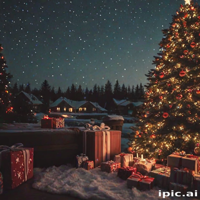 Enchanting Winter Night with a Festively Decorated Christmas Tree and Gifts