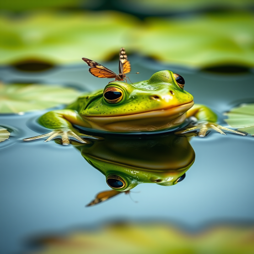 Generate a serene image of a green frog partially submerged in water, surrounded by lily pads. A small butterfly is perched on the frog's head, reflecting in the calm water. The background is softly blurred, emphasizing the frog and butterfly in a tranquil natural setting.