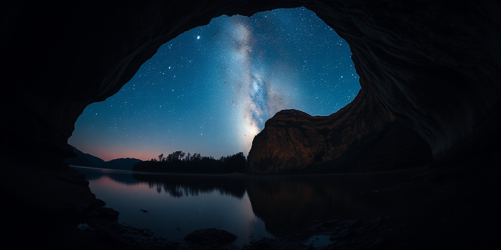Cave entrance with a view of a serene night sky filled with stars reflecting off a tranquil water surface, captured with a Canon EOS R5, 24mm lens, f/2.8 aperture, ISO 800, 1/15s exposure, wide-angle perspective for depth and clarity, during twilight for enhanced colors and contrast.