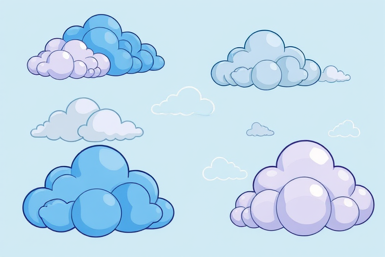 Create a digital illustration of various cartoon-style clouds in shades of blue, gray, and lavender against a soft pastel blue background, use a high-resolution setting with a Canon EOS R5 and a 50mm f/1.8 lens, focus on vibrant color contrast and smooth texture for enhanced depth.