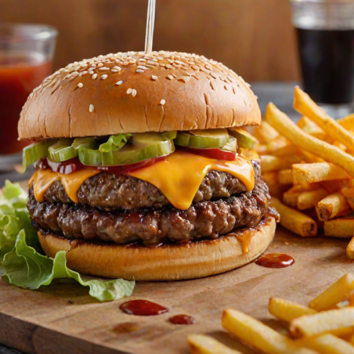 High-resolution, close-up image of a gourmet double cheeseburger. The burger features a glossy, sesame-seed-topped brioche bun. Inside, there are two thick, juicy beef patties, each topped with melted cheddar cheese. The burger is garnished with fresh lettuce, tomato slices, diced onions, and pickles. A generous amount of ketchup and a creamy, orange-colored sauce is dripping down the sides, adding to the mouth-watering appeal. In the background, there are blurred elements including a side of golden French fries and a hint of a beverage, enhancing the overall presentation of a delicious meal.