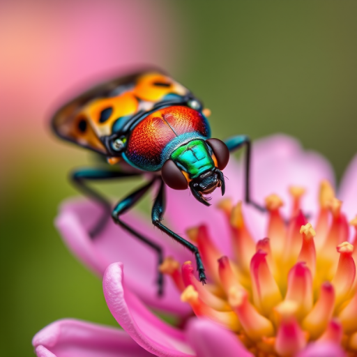 Macro shot of a colorful bug perched on a flower, sharp focus to enhance details, shallow depth of field, f/2.8 aperture, 1/200s shutter speed, ISO 200, using a DSLR camera with a 100mm macro lens for vivid colors and textures.