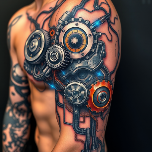 Biomechanical tattoo "Cybernetic Fusion" merging organic flesh tones with metallic gears and circuitry in shades of silver, copper, and electric blue for a futuristic cyborg aesthetic