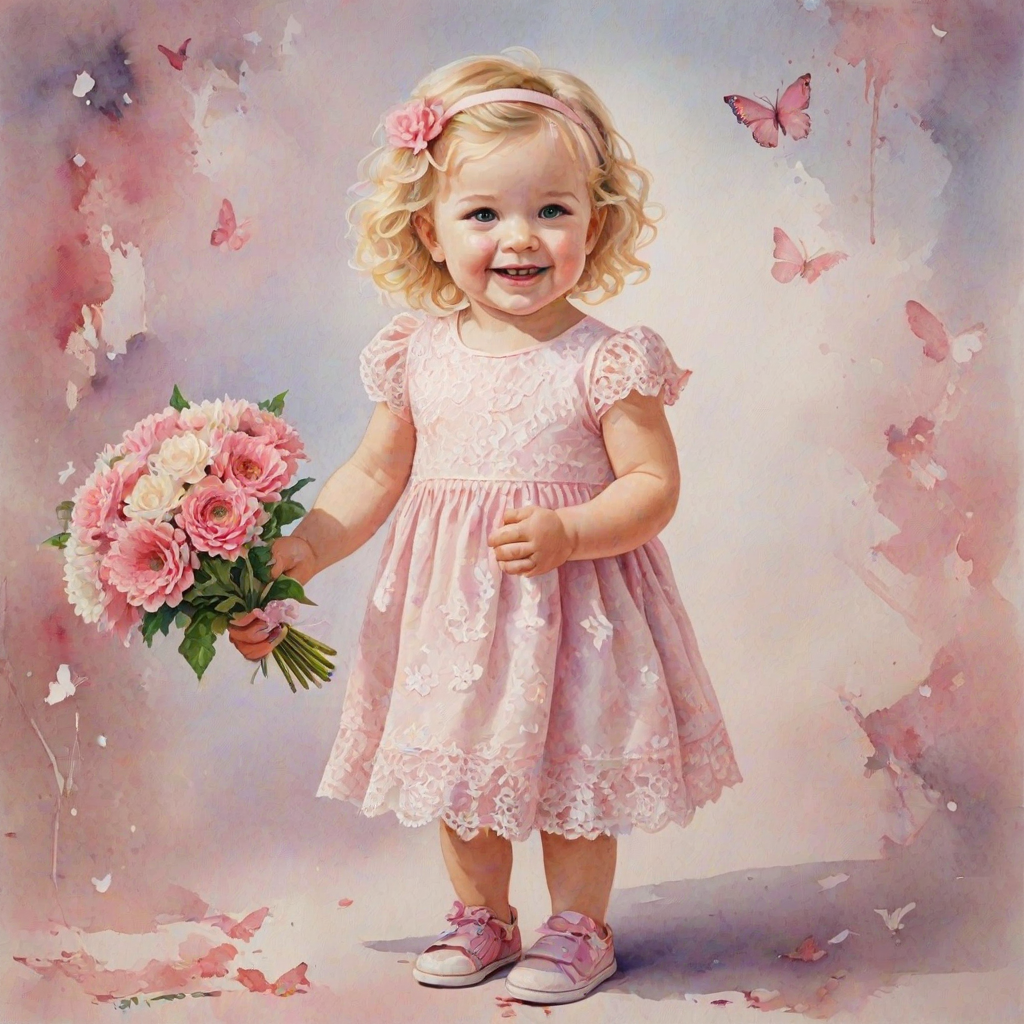 hyperrealism happy smiling toddler girl with messy wavy blonde hair with a headband, she is wearing a pink and white lace dress with pink and white shoes, she is holding a pink bouquet of flowers. Pink flowers and butterflies. summer background. Watercolor Highly detailed