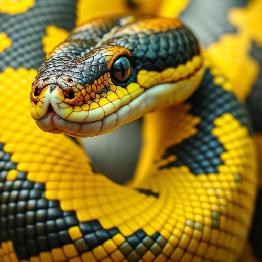 Create a highly detailed illustration of a snake with a vibrant pattern of yellow and dark green, captured with a DSLR camera at 50mm focal length, f/2.8 aperture, ISO 100, in natural light, from a side view, emphasizing texture and color richness.