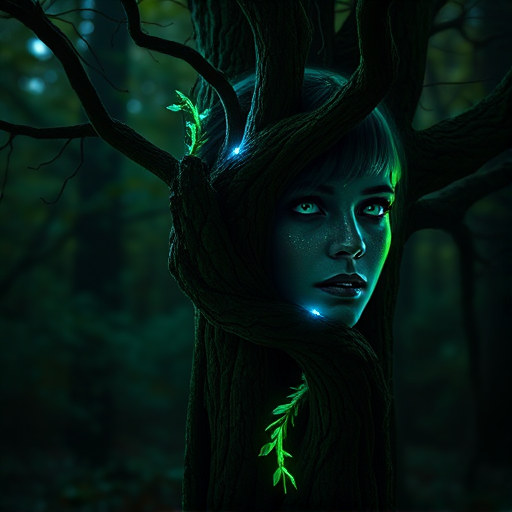 Create a mystical scene of a tree entwined with a woman's face, glowing with blue and green bioluminescence, captured with a Canon EOS R5, 50mm lens, aperture f/1.8, ISO 200, in a low-light forest setting with a slight bokeh effect.
