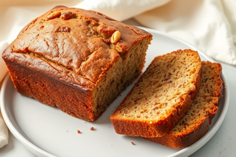 A freshly baked loaf of banana bread with slices cut and arranged beside it showcasing a moist and fluffy texture with hints of brown and speckles of nuts on a plain white plate with a soft cloth in the background.