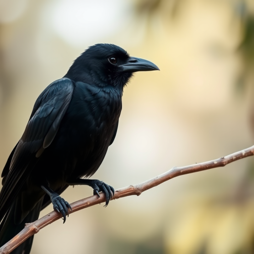 Capture a close-up of a black crow perched on a branch, with a shallow depth of field, using a DSLR camera, 200mm lens, aperture f/2.8, ISO 400, natural lighting, and a soft focus background to enhance image quality.