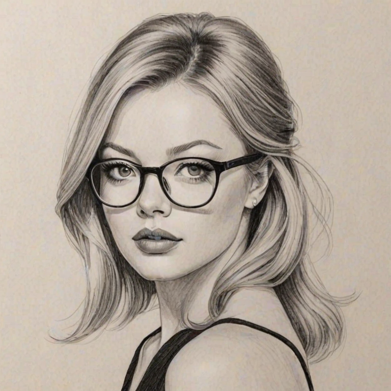 Captivating Francesca Eastwood, pencil sketch, portrait of Graceful woman 1965s in glasses, hair style beatnik, outline, clear lines, fine lines, 8k