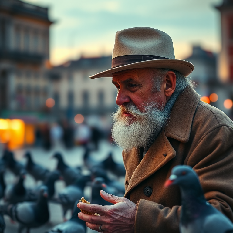 an elderly man with a white beard wearing a beige hat and brown coat feeding pigeons in a city square during twilight, soft focus background, Canon EOS R5, f/2.8, 1/200s, ISO 400, 85mm lens, shallow depth of field, natural light