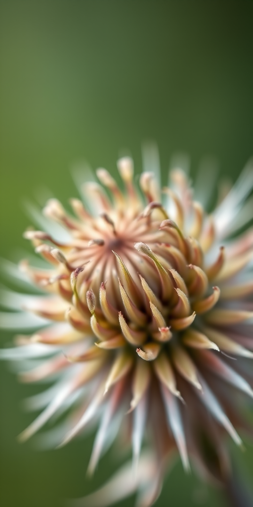 macro shot of a thistle seed head with intricate details and soft green background, aperture f/2.8, shutter speed 1/200s, ISO 100, taken with a DSLR camera using a 100mm macro lens for enhanced image quality.