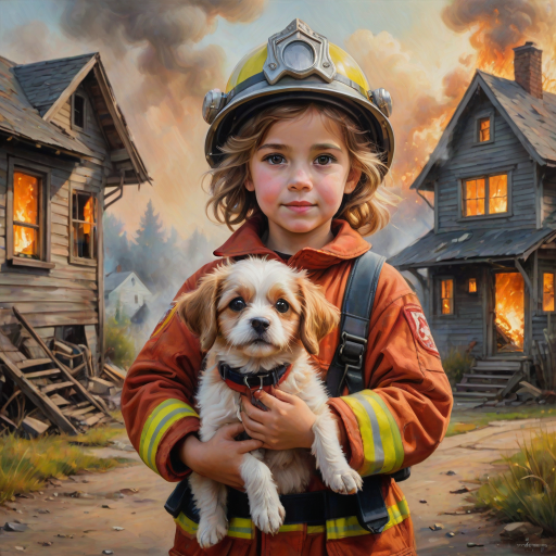 airbrushed oil painting, pixar style, cute little girl in fireman gear, helmet, tousled hair, expressive eyes, standing in the doorstep of a cottage burning behind him, holding a cute little dog in her arm, atumn sky