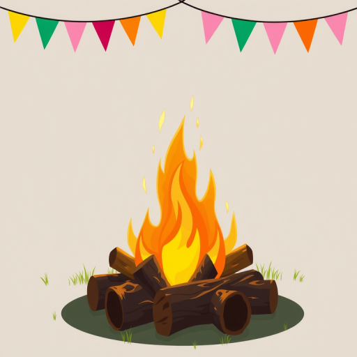Create a vibrant illustration of a campfire with bright flames, surrounded by wooden logs, set against a simple background with colorful triangular banners at the top, using a high-resolution digital art style with a 35mm lens, f/4 aperture, and soft lighting for enhanced depth and clarity.