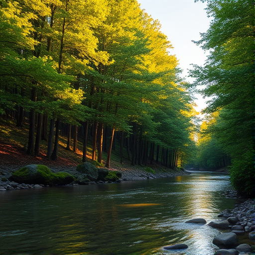 Create an image of a serene, sunlit forest scene with a clear, gently flowing river. Tall trees with lush green foliage line both sides of the river, their leaves bathed in the warm golden light of the setting or rising sun. The sunlight filters through the trees, casting soft, dappled light on the river, which flows over smooth rocks and pebbles, creating a peaceful, natural atmosphere. The sky is bright with a few scattered clouds, and the overall mood is tranquil, evoking a deep sense of connection with nature. The image captures the beauty of a calm, pristine forest landscape at either dawn or dusk.