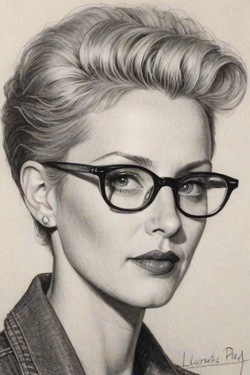 Splendid Lori Petty, pencil sketch, portrait of Delightful woman 1949s in glasses, hair style beatnik, outline, clear lines, fine lines, 8k