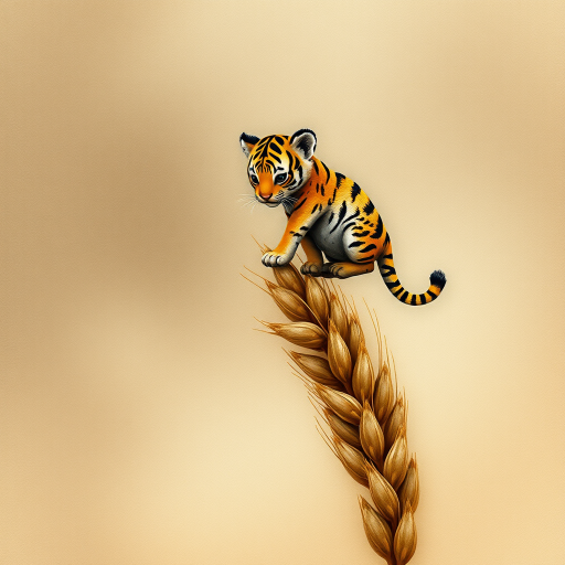 Soft, muted Alcohol Ink with ebru effect background image of tiny whimsical tiger, who climbed high on the top of a golden rye ear.