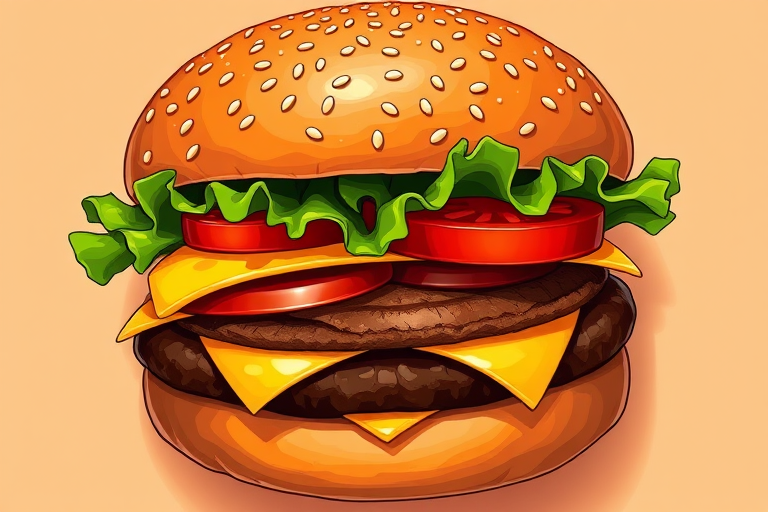 Create a colorful illustration of a hamburger with a sesame seed bun, lettuce, cheese, and tomato, captured with a 50mm lens at f/2.8, using a top-down view, in a vector art style, simulating a Canon EOS 5D Mark IV camera.