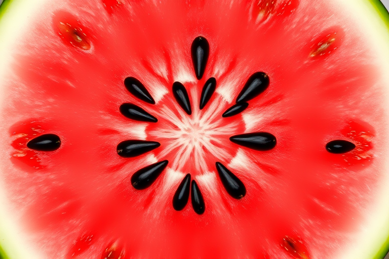 Create a vibrant illustration of a sliced watermelon, featuring a rich red interior, black seeds, and a green rind, shot with a DSLR camera at f/2.8 aperture, ISO 100, and a 50mm lens from a close-up angle to enhance details.