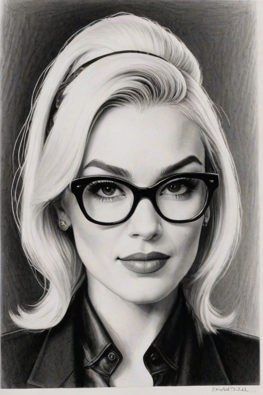 Splendid Gwen Stefani, pencil sketch, portrait of Alluring woman 1967s in glasses, hair style beatnik, outline, clear lines, fine lines, 8k