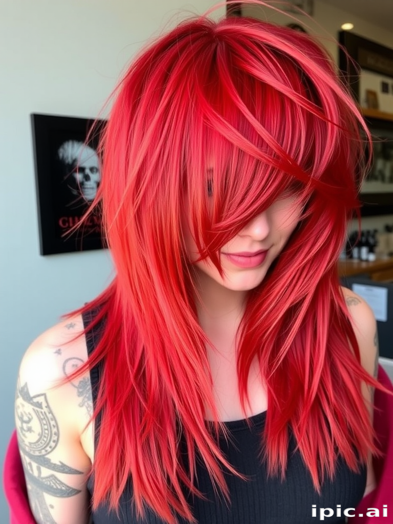Fiery red long shag with choppy layers and wispy bangs, featuring subtle copper lowlights for depth and dimension, embodying a rebellious rock-and-roll vibe