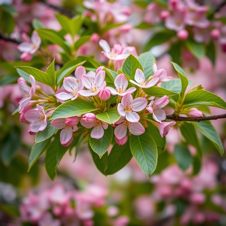 Capture a detailed close-up of a flowering chestnut tree with vibrant pink blossoms and lush green leaves, using a DSLR camera, 50mm lens, aperture f/2.8, ISO 100, and soft focus background for enhanced clarity and depth.