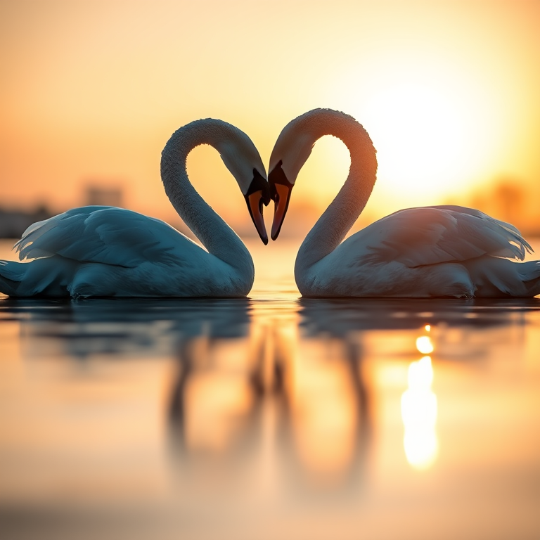 Capture a serene image of two swans forming a heart shape with their necks on a calm water surface during golden hour, using a Canon EOS R5 with an 85mm lens, aperture f/2.8, ISO 100, and a shutter speed of 1/250s, focusing on soft bokeh in the background.