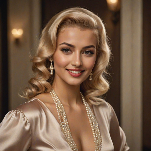 A beautiful Romani woman reminiscent of 1950s Hollywood glamour, with perfectly styled blonde hair and a seductive smile, dressed in a satin blouse and adorned with pearls, soft and warm tones, photorealistic, 8K