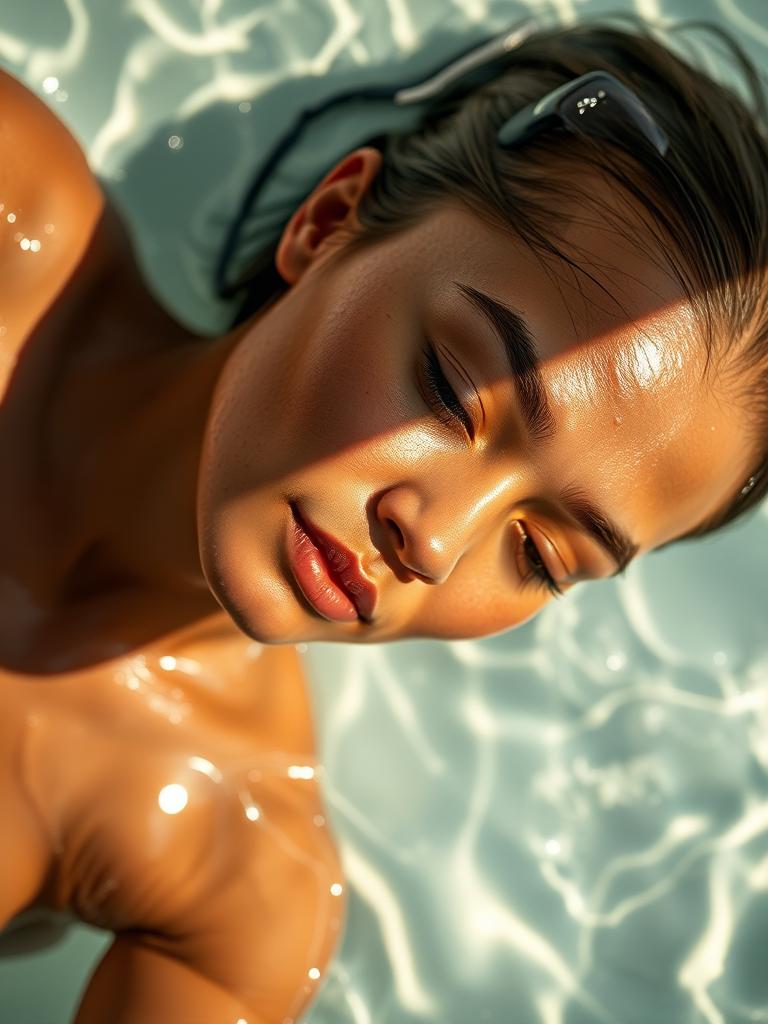 captured with a Canon EOS R5 at f/2.8, ISO 100, 1/200s, overhead view, shallow depth of field, natural light, emphasizing skin texture and water reflections