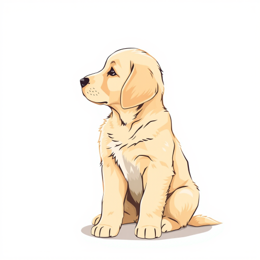 Create a vector illustration of a sitting golden retriever puppy facing sideways with a minimalist style and soft colors, using a shallow depth of field and high contrast lighting settings to enhance visual clarity, in a digital art format.