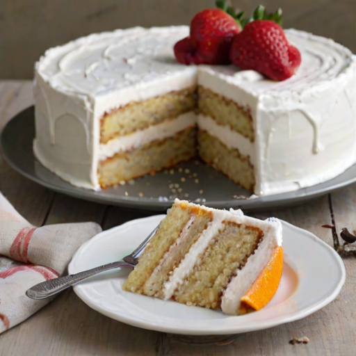 Create an image of a layered cake with a smooth icing drizzle on top. The cake should be displayed on a white cake stand, showcasing three layers with a slice cut out to reveal the interior. The setting should have a soft, warm light, and the background should be minimalistic to emphasize the cake. Include a decorative touch on top, like a slice of orange or a sprinkle of powdered sugar. The plate under the slice should be simple, with a fork beside it.