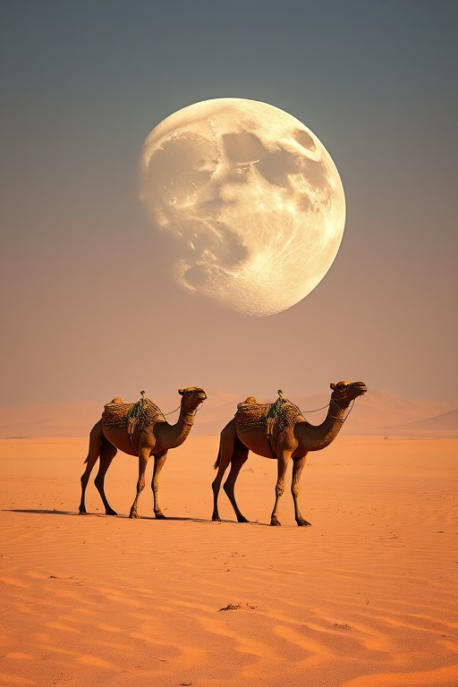 capture a surreal scene of three camels in a vast desert with a giant moon in the background, using a Canon EOS R5 with a 24-70mm lens, aperture f/8, ISO 100, shutter speed 1/200s, wide-angle perspective, high dynamic range, and enhanced colors to emphasize the contrast between the sand and the lunar surface