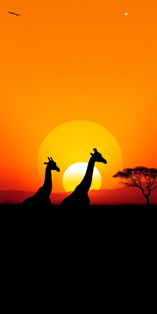 Create a silhouette of three giraffes walking against a sunset background with a large moon and a shooting star, set in a minimalist landscape with a single tree, captured with a Canon EOS R5 at f/8, ISO 100, 50mm lens, in landscape orientation for high detail and sharpness.