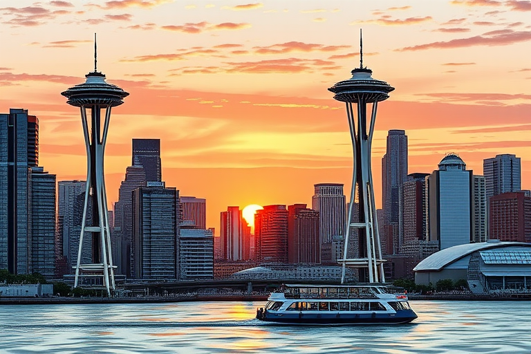Regenerate a detailed urban illustration of the Seattle skyline featuring the Space Needle and a ferry on the water during sunset, using a digital drawing style with high contrast; camera settings: ISO 100, aperture f/8, shutter speed 1/125s, view: wide angle, style: vector art, camera type: digital illustration.