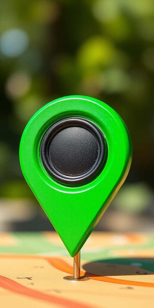 Create a high-resolution vector-style image of a green map pin with a circular black center, using a 50mm lens at f/2.8, with a focus on vibrant colors and sharp edges, taken in a bright outdoor setting using a digital SLR camera.