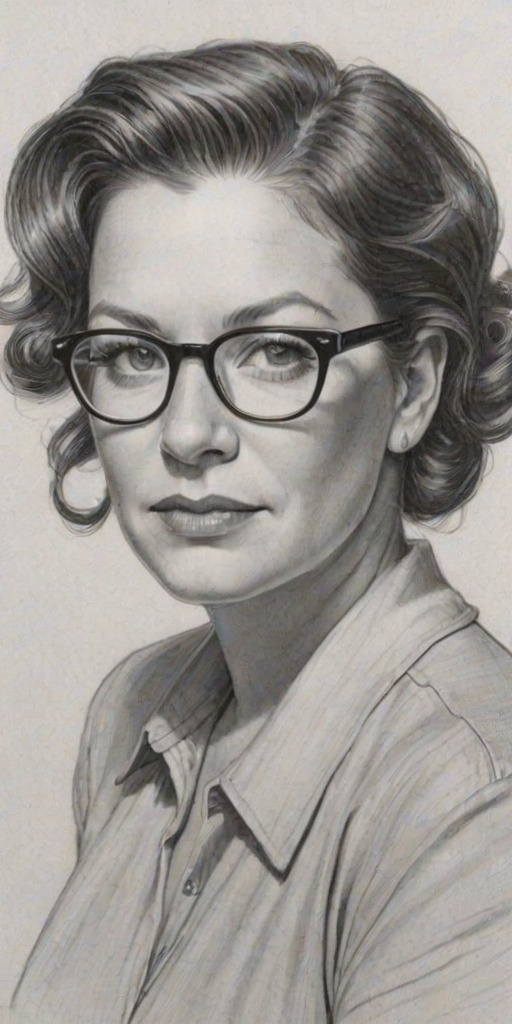 Delightful Mindy Cohn, pencil sketch, portrait of Appealing woman 1939s in glasses, hair style beatnik, outline, clear lines, fine lines, 8k