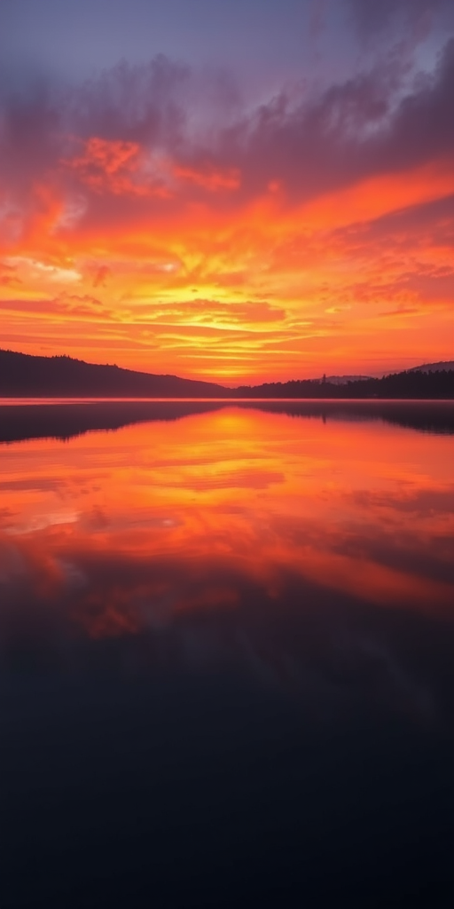 Create a high-resolution image of a serene sunset over a calm lake reflecting vibrant orange and purple hues, captured with a Canon EOS R5 at f/8, ISO 100, 1/250 sec, using a wide-angle lens (24mm) for an expansive view.