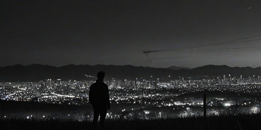 monochrome,outdoors,power lines,wide shot,reddish sky,grass,hill,expressionless,x hair ornament,city lights in background,city in background,skyscraper in background,skyline,stylish,dark theme,