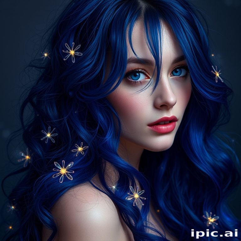 Mystical indigo locks adorned with twinkling fairy lights, Enchanted's hair cascades down in loose waves, creating a magical and otherworldly appearance that seems to glow from within
