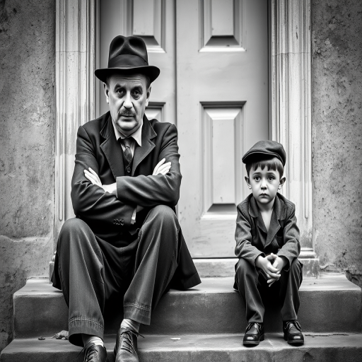 A black-and-white photograph of a man and a child sitting on steps in front of a doorway. The man is dressed as a tramp with a bowler hat, mustache, and ragged clothes, reminiscent of Charlie Chaplin's iconic look. He is sitting with his arms crossed and an expression of slight sadness or frustration. Next to him is a young boy, also in worn clothes and a cap, sitting with his hands clasped, looking thoughtful. The background is an old, textured wall and a partially open door, creating a vintage, early 20th-century atmosphere.