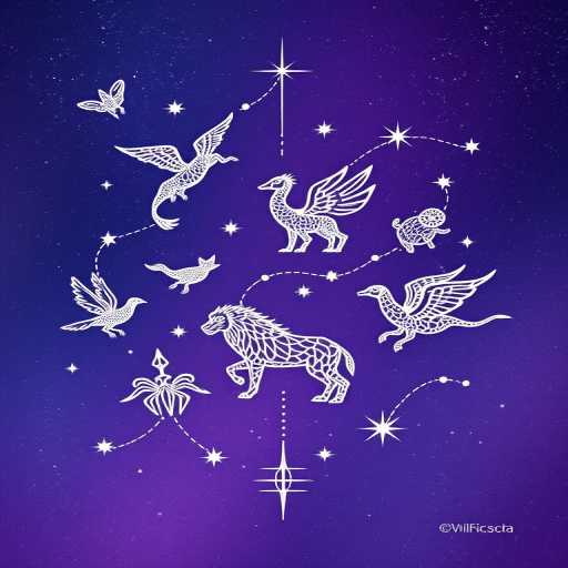 Whimsical "Constellation Creatures" tattoo design featuring mythical animals and fantastical beasts composed of delicate white dot work and thin lines, set against a night sky gradient of deep purples and blues, with sparkling metallic silver accents representing stars and cosmic dust, creating a magical and dreamy tattoo perfect for those who love astrology and folklore
