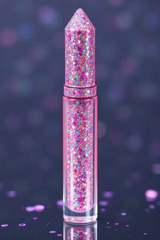 Glitter-packed liquid lipstick titled "Diamond Dust" in a clear base with multi-colored sparkles for a dazzling, jewel-like finish