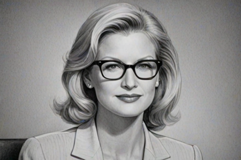Dazzling Diane Sawyer, pencil sketch, portrait of Delightful woman 1944s in glasses, hair style beatnik, outline, clear lines, fine lines, 8k