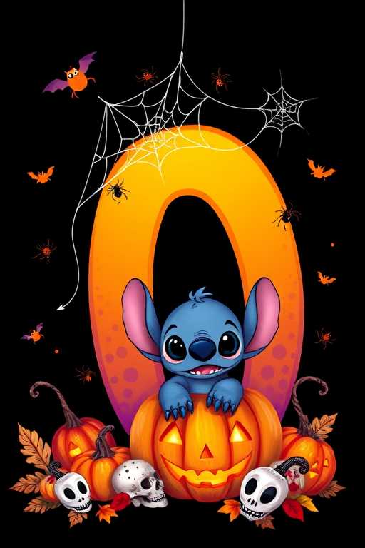 A whimsical and vibrant Halloween-themed digital illustration featuring the letter "O" adorned with spider webs, small bats, and cute spiders. At the base of the letter, a playful alien character similar to Stitch is peeking out from inside a carved pumpkin with glowing eyes, surrounded by additional pumpkins, a small skull, and autumn leaves. The letter is gradient-colored from orange to purple, adding a magical atmosphere to the scene, black background