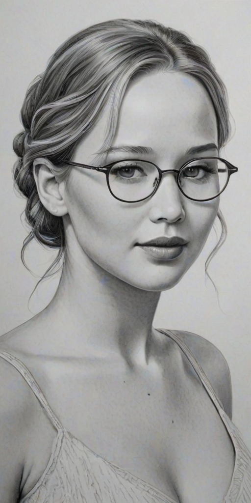 Graceful Jennifer Lawrence, pencil sketch, portrait of Comely woman 1944s in glasses, hair style beatnik, outline, clear lines, fine lines, 8k