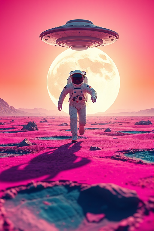 Create a vibrant scene of a futuristic astronaut running on the surface of a colorful planet with a UFO hovering above and a bright, textured sun in the background, using a DSLR camera, 35mm lens, f/8 aperture, ISO 100, and a panoramic view to enhance image quality.