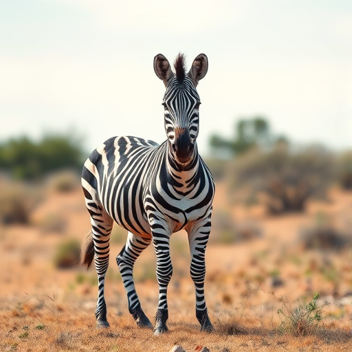 Create a high-resolution illustration of a zebra standing in a natural setting, use a 50mm lens, f/8 aperture, ISO 100, with soft diffused lighting to enhance details and contrast.