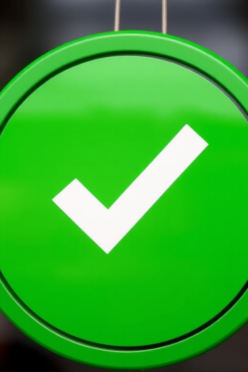 Create an image of a large green circular badge with a white checkmark in the center, using a Canon EOS 5D Mark IV, f/2.8 aperture, ISO 100, 50mm lens, natural lighting, and a soft focus style.